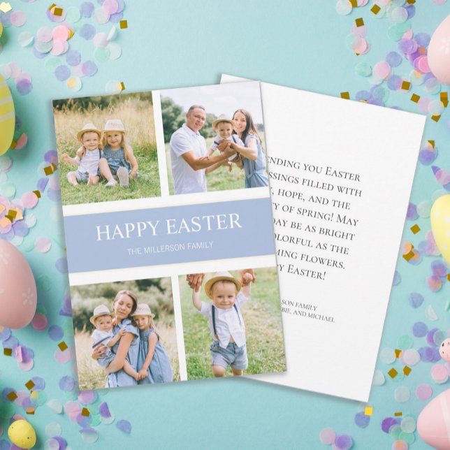Modern Simple Blue 4 Family Photo Happy Easter Holiday Card (Blue 4-photo "Happy Easter" greeting card. )