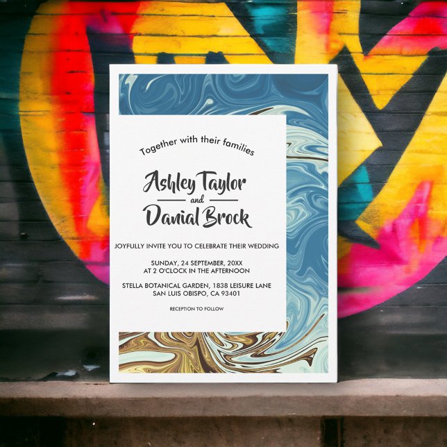 Modern Simple Blue Abstract Art Typography Wedding Invitation (Creator Uploaded)