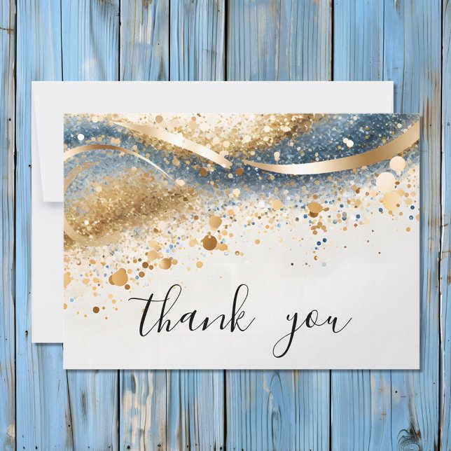Modern Simple Blue and Gold Sequin Script Thank You Card (Creator Uploaded)