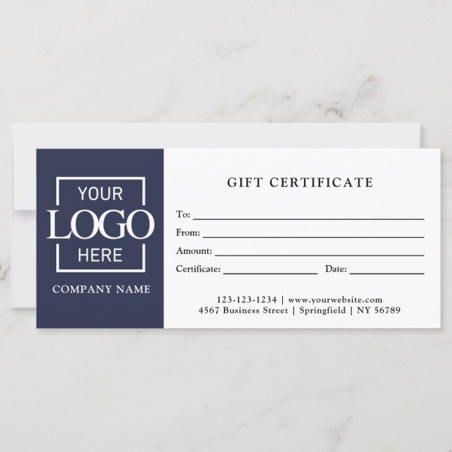 Modern Simple Blue Business Logo Gift Certificate (Front)