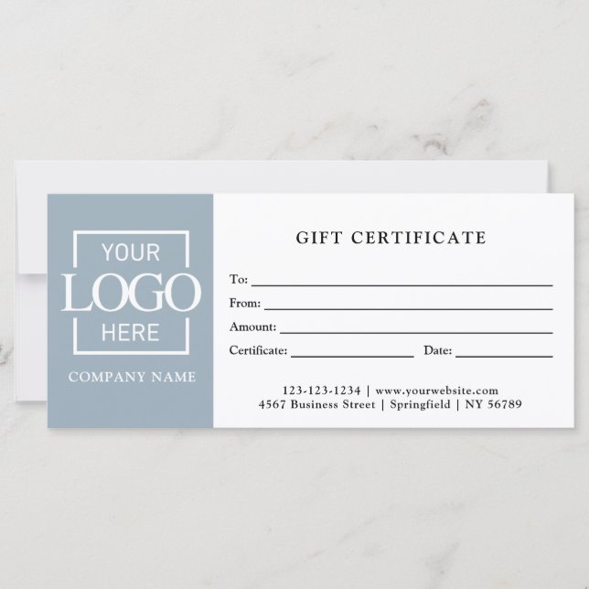Modern Simple Blue Business Logo Gift Certificate (Front)