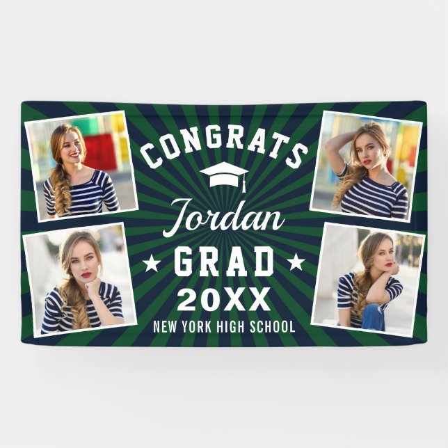 Modern Simple Blue Green Graduation Party 4 PHOTO Banner (Horizontal)