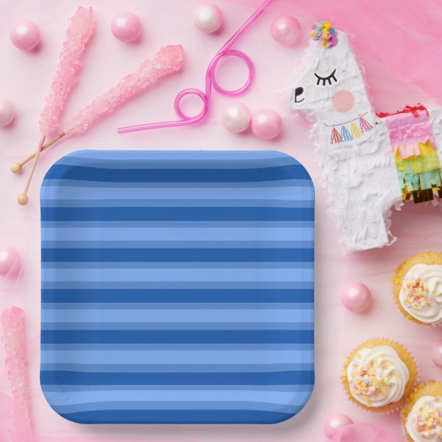 Modern Simple blue Navy Two Tone Stripe name Paper Plate (Party)