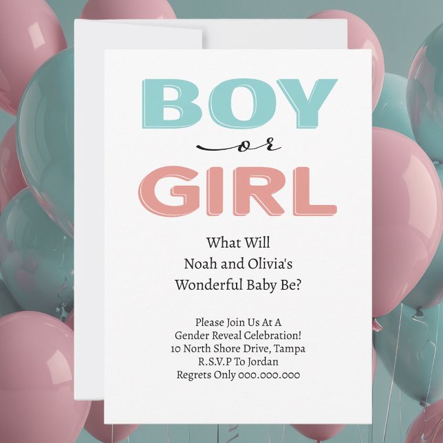 Modern Simple Blue Pink Boy Girl Gender Reveal  Invitation (Boy or Girl Gender Reveal Party Celebration Invitations. Simple and modern with parents names,)