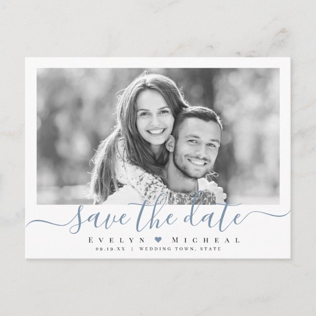 Modern simple blue script photo save the date postcard (Front)