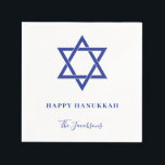 Modern Simple Blue Star of David Hanukkah Napkin<br><div class="desc">Traditional holiday paper napkin featuring a simple design with a large Star of David and the greeting "Happy Hanukkah" along with your family name in navy blue over white. A basic and plain design that still comes across as elegant. These napkins are perfect for adding a personal touch to your...</div>
