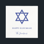 Modern Simple Blue Star of David Hanukkah Napkin<br><div class="desc">Traditional holiday paper napkin featuring a simple design with a large Star of David and the greeting "Happy Hanukkah" along with your family name in navy blue over white. A basic and plain design that still comes across as elegant. These napkins are perfect for adding a personal touch to your...</div>
