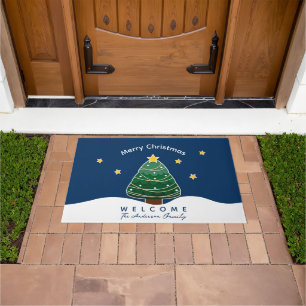 Modern Simple Blue Starry Night Christmas Tree Doormat
