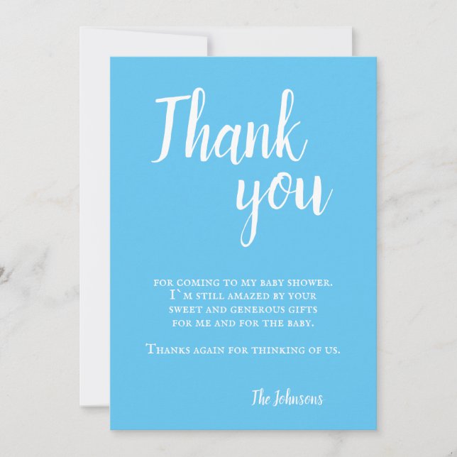Modern Simple Blue Typography Baby Shower Thank You Card (Front)