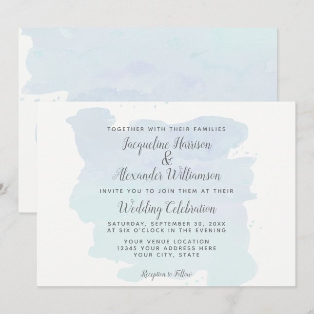 Modern Simple Blue Watercolor Wash Brush Strokes Invitation (Front/Back)