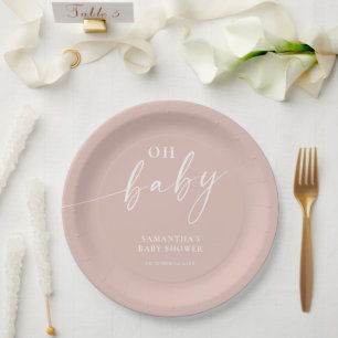 Modern simple blush pink Oh Baby girl baby shower Paper Plate