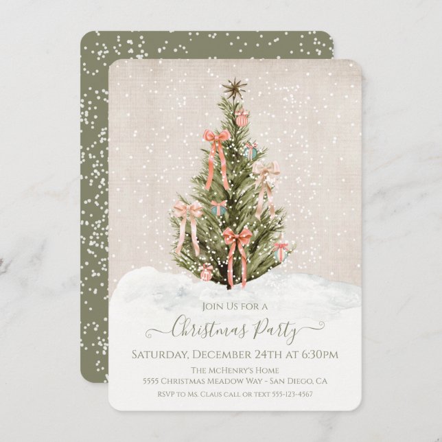 Modern Simple Boho Bow Christmas Tree Party Invitation (Front/Back)