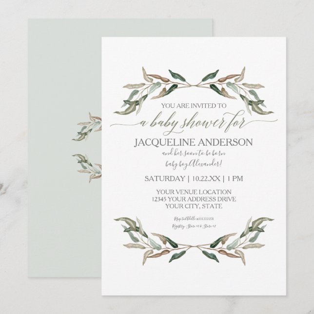 Modern Simple Boy Baby Shower Watercolor Greenery Invitation (Front/Back)