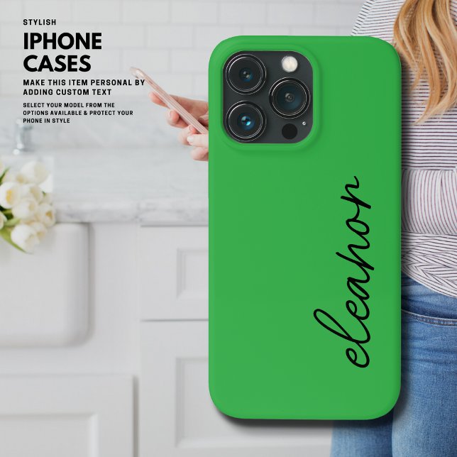 Modern Simple Bright Green Script Name Monogram Case-Mate iPhone Case (Creator Uploaded)