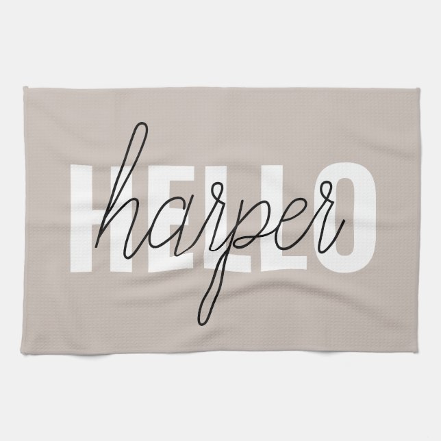 Modern Simple Brown Hello And You Name Tea Towel (Horizontal)