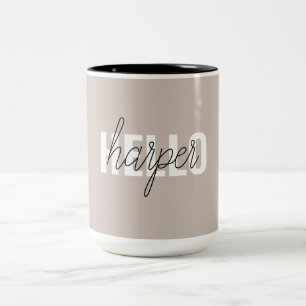 Modern Simple Brown Hello And You Name Two-Tone Coffee Mug