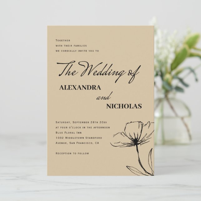 Modern Simple Brown Neutral Floral Wedding Invitation (Standing Front)