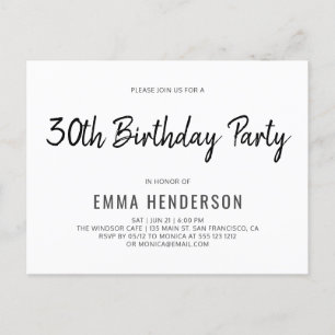 Modern Simple Brush 30th Birthday Party Invitation Postcard