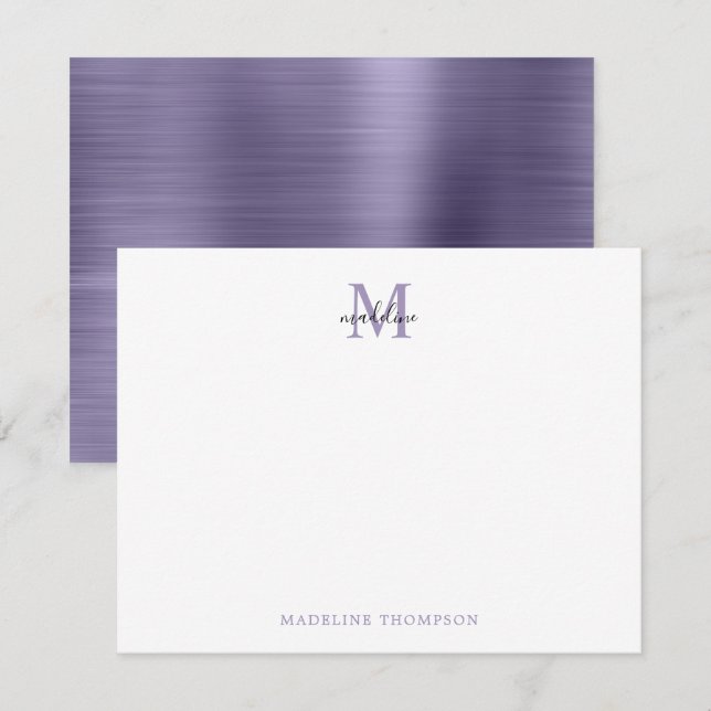 Modern Simple Brushed Metal Purple Monogram Card (Front/Back)