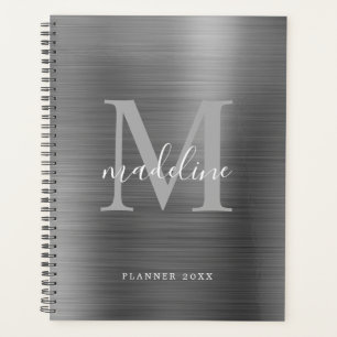 Modern Simple Brushed Metal Silver Grey Monogram Planner