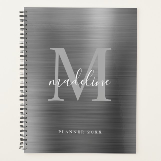 Modern Simple Brushed Metal Silver Grey Monogram Planner (Front)