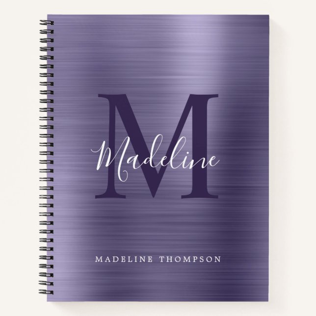 Modern Simple Brushed Metallic Purple Monogram Notebook (Front)