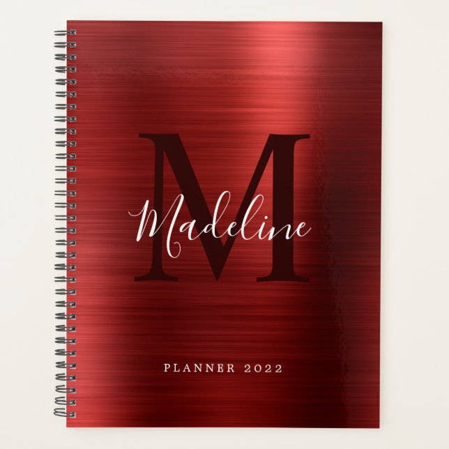 Modern Simple Brushed Metallic Red Monogram Planner (Front)