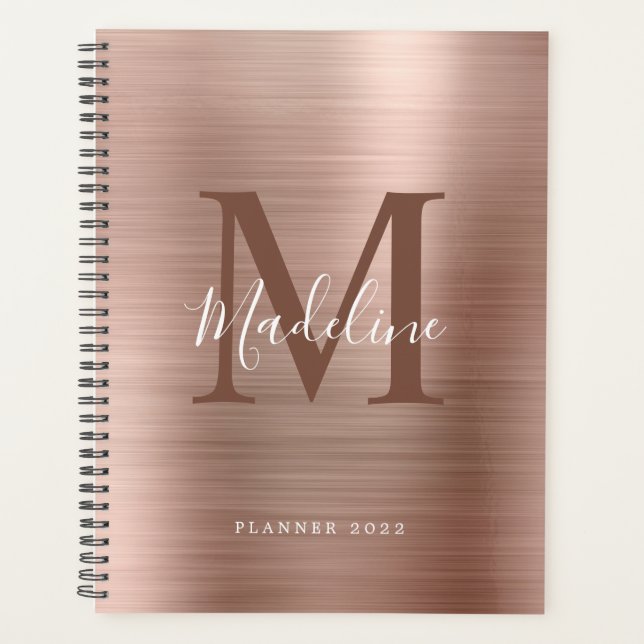 Modern Simple Brushed Metallic Rose Gold Monogram Planner (Front)