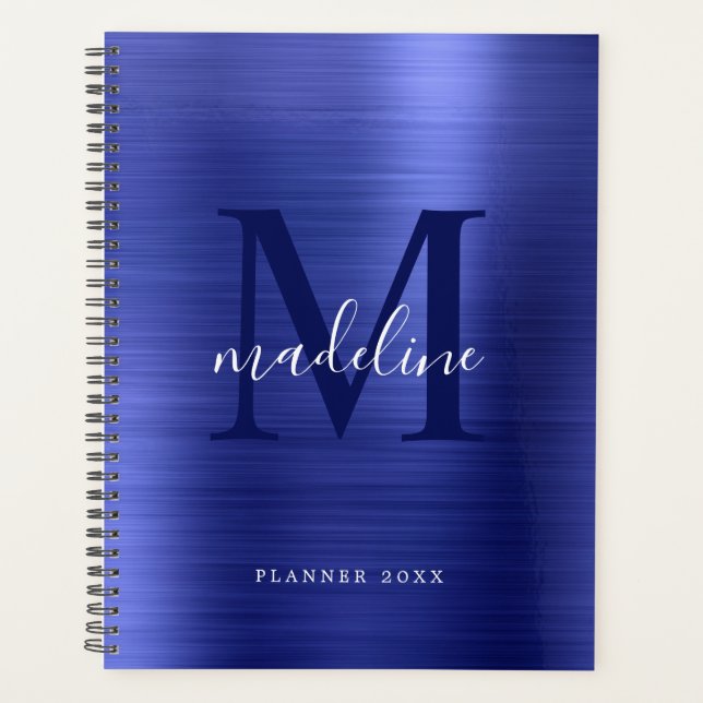 Modern Simple Brushed Metallic Royal Blue Monogram Planner (Front)