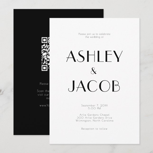 Modern Simple Budget Black & White Wedding RSVP & Invitation (Front/Back)