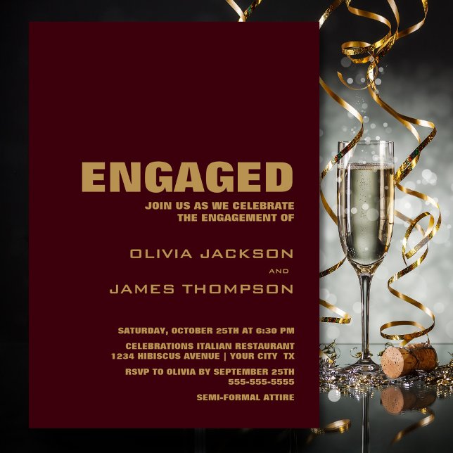 Modern Simple Burgundy and Gold Engagement Party Invitation (Creator Uploaded)