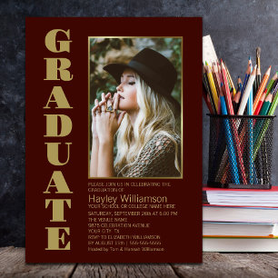 Modern Simple Burgundy Gold Photo Graduation Party Invitation