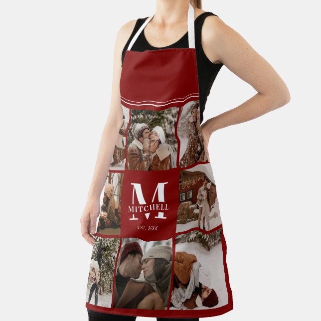 Modern Simple Burgundy Photo Collage Monogram Gift Apron (Insitu)