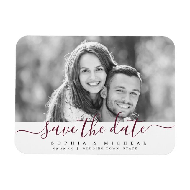 Modern simple burgundy script photo save the date magnet (Horizontal)