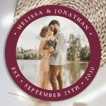 Modern Simple Burgundy Wine Photo Wedding Round Paper Coaster<br><div class="desc">Add the finishing touch to your wedding with these fun custom photo coasters. Perfect as wedding favours to all your guests . Customise these wedding favours with your favourite wedding photo, newlywed photo, and personalise with name and date. See our wedding collection for matching wedding favours, newlywed gifts, and just...</div>