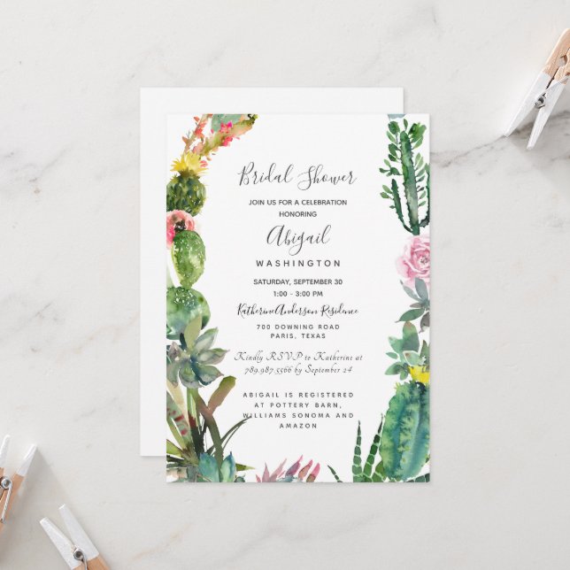 Modern Simple Cactus Succulent Bridal Shower Invitation (Front/Back In Situ)
