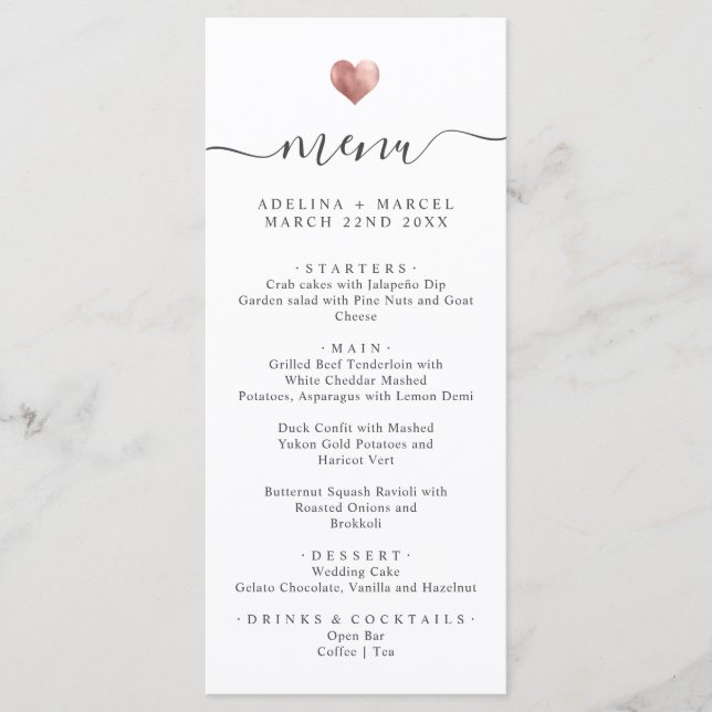 Modern Simple Calligraphy Rose Gold Heart Wedding Menu (Front)