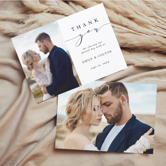 Modern Simple Calligraphy Wedding 2 Photo Thank You Card (Creator Uploaded)