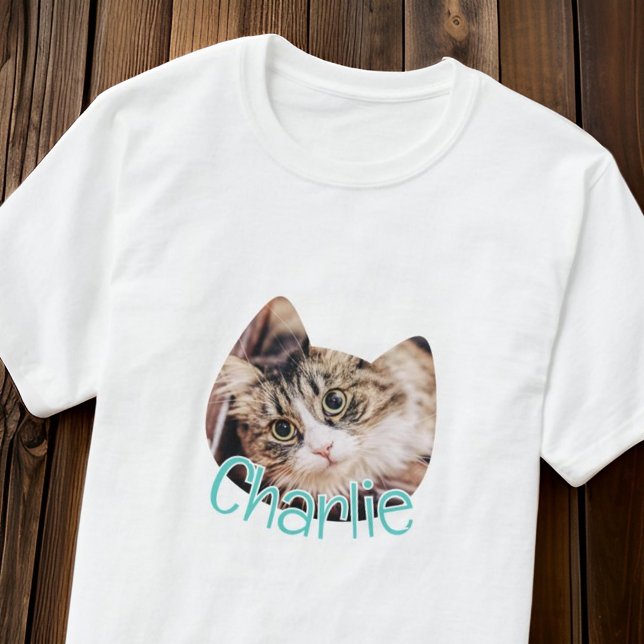 Modern Simple Cat Shape Custom Pet Cat Photo Name T-Shirt (Creator Uploaded)