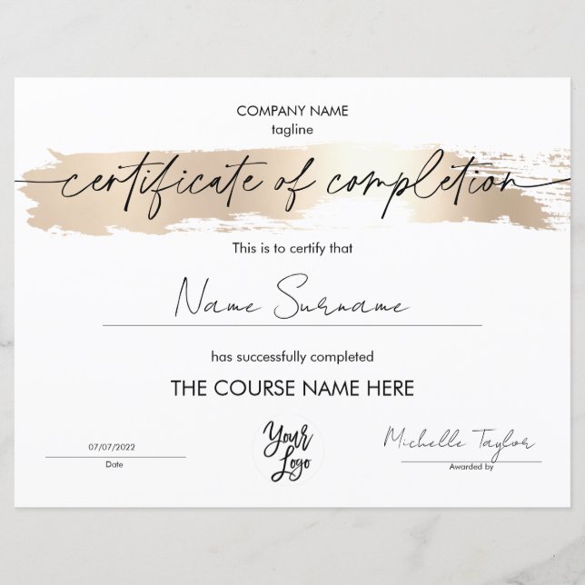 Modern Simple Certificate of Completion Add Logo (Front)