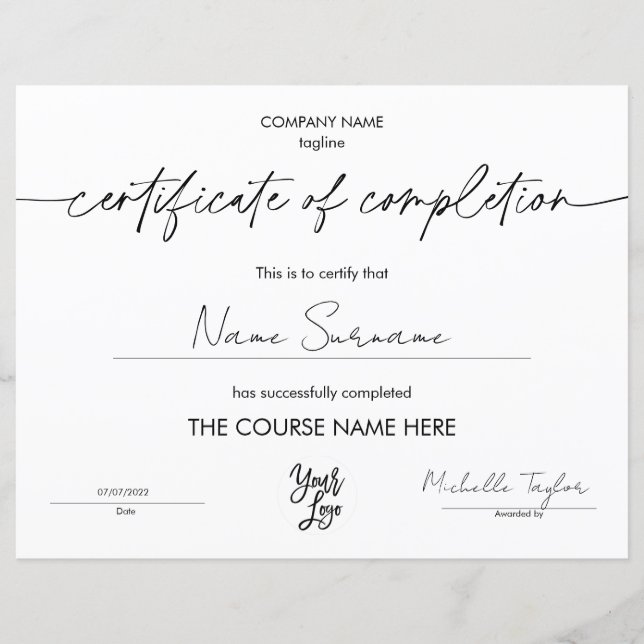Modern Simple Certificate of Completion Add Logo (Front)