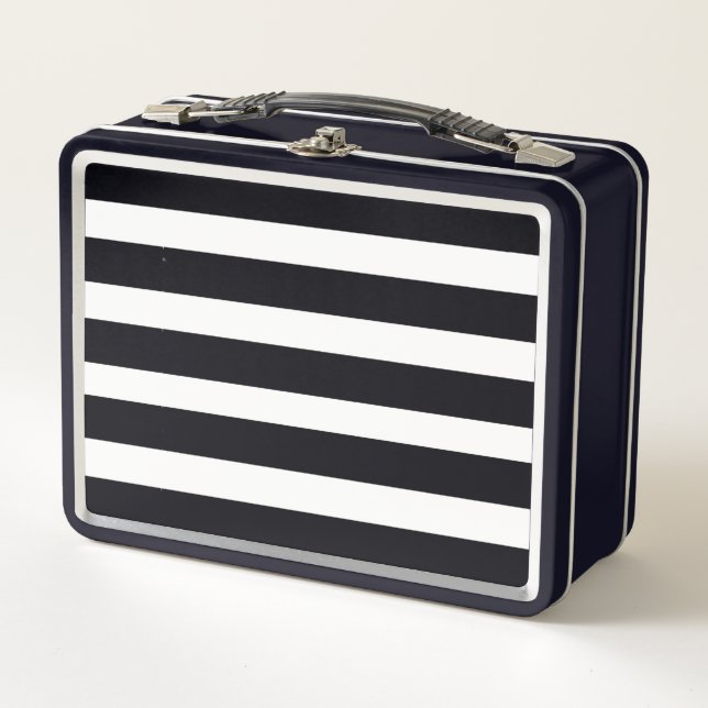 Modern Simple Chic Black And White Striped Black Metal Lunch Box (Front)