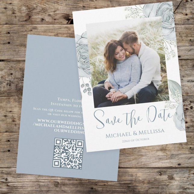 Modern Simple Chic Dusty Blue Floral Photo QR Code Save The Date (Creator Uploaded)
