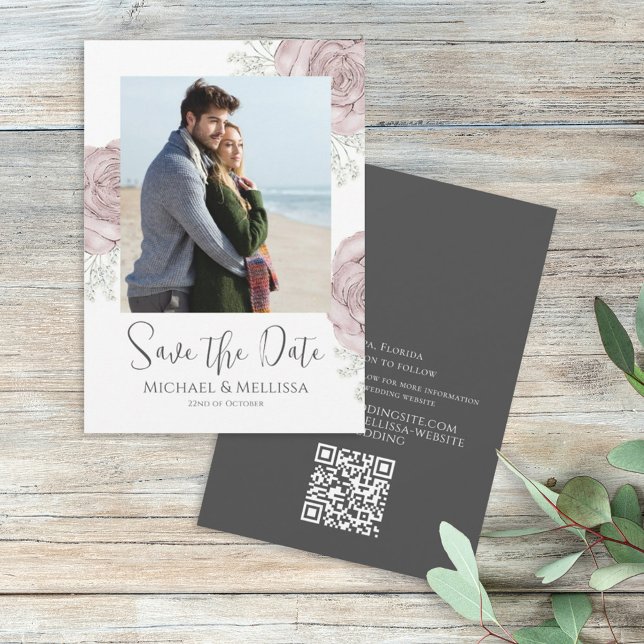 Modern Simple Chic Dusty Rose Floral Photo QR Code Save The Date (Creator Uploaded)