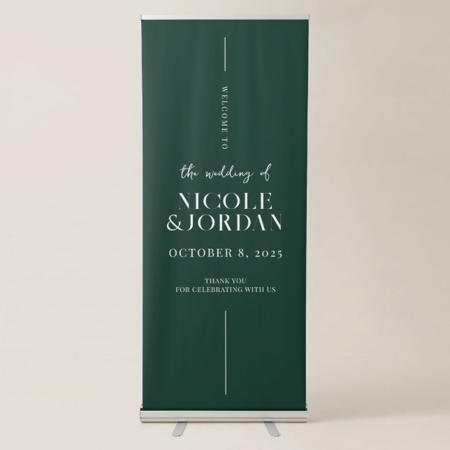 Modern Simple Chic Emerald Green Wedding Welcome Retractable Banner (Front)