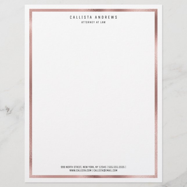 Modern Simple Chic Rose Gold White Border Lawyer Custom Letterhead (Front)