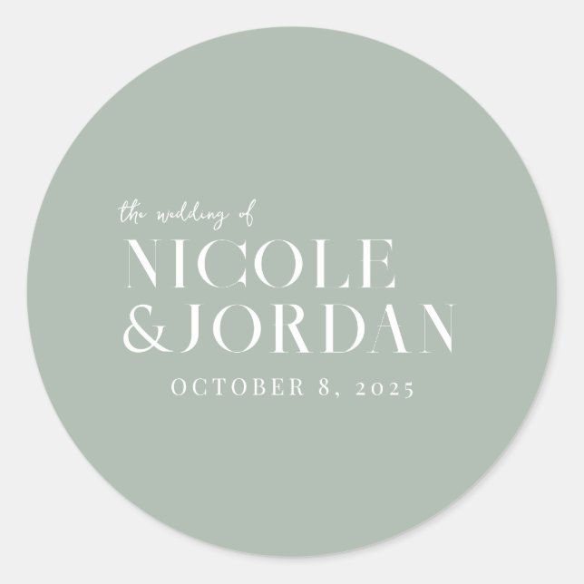 Modern Simple Chic Sage Green Wedding Classic Round Sticker (Front)