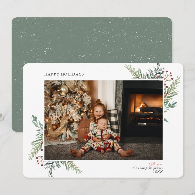 Modern Simple Christmas Greens Green Photo Holiday Card (Front/Back)