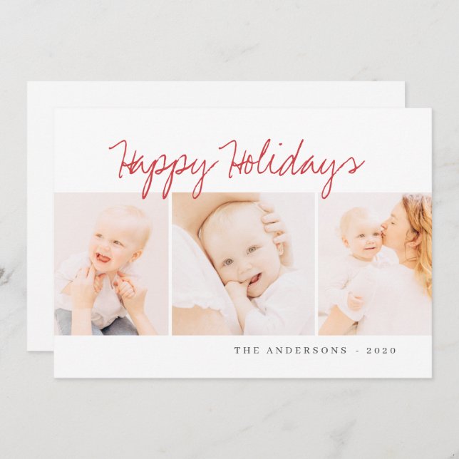 Modern Simple Christmas Greeting Three Photo Holiday Card (Front/Back)