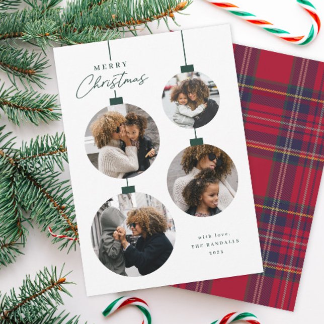 Modern Simple Christmas Ornament 4 Photo Holiday Card (Modern 4 Photo Christmas Treen Ornament Holiday Cards.)